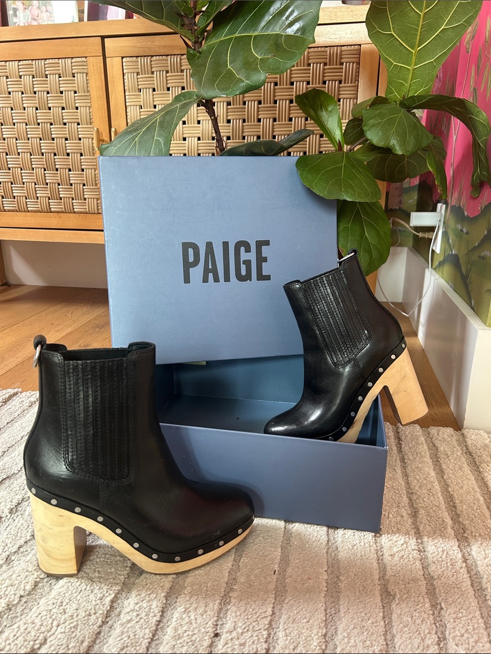 PAIGE Black Leather Clog Ankle Boots with Wood Block Heel
